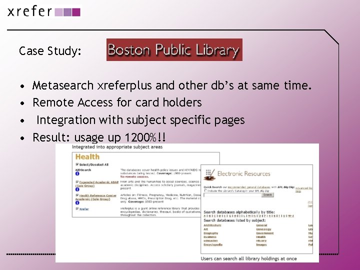 Case Study: • • Metasearch xreferplus and other db’s at same time. Remote Access
