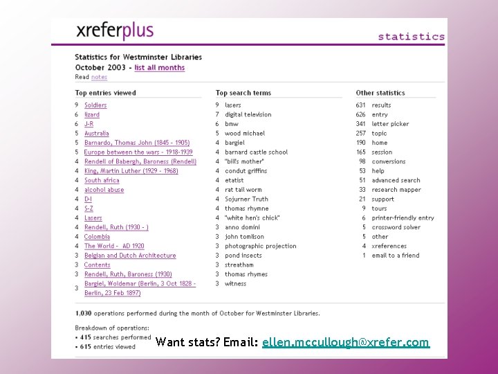 Want stats? Email: ellen. mccullough@xrefer. com 