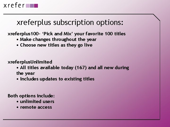 xreferplus subscription options: xreferplus 100 - ‘Pick and Mix’ your favorite 100 titles •