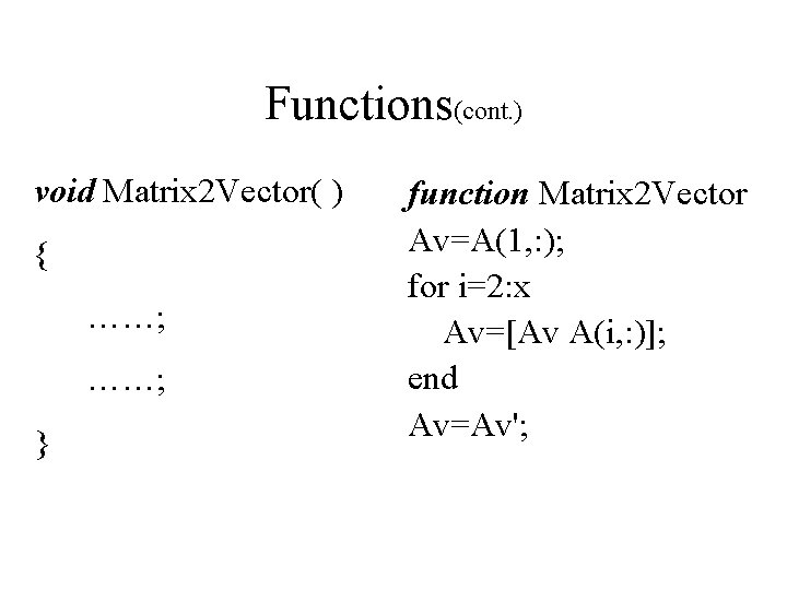 Functions(cont. ) void Matrix 2 Vector( ) { ……; } function Matrix 2 Vector