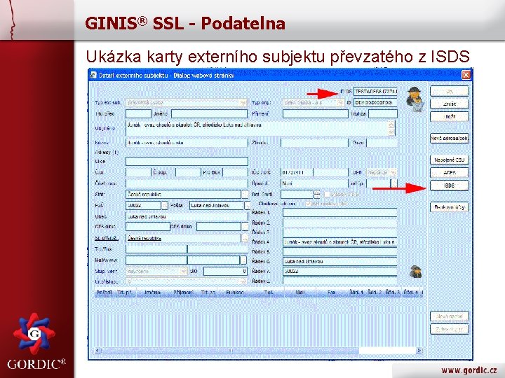 GINIS® SSL - Podatelna Ukázka karty externího subjektu převzatého z ISDS 