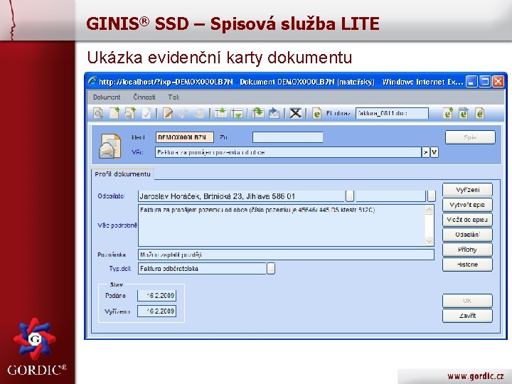 GINIS® SSD – Spisová služba LITE Ukázka evidenční karty dokumentu 