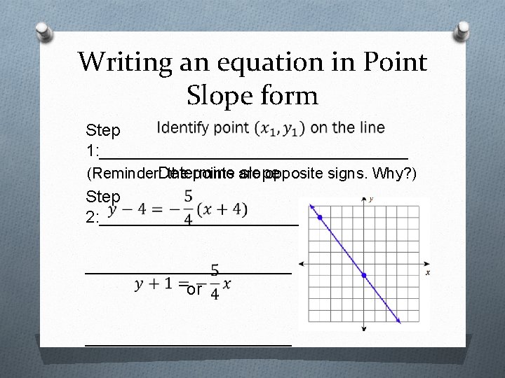Writing an equation in Point Slope form Step 1: _________________ (Reminder: Determine the points