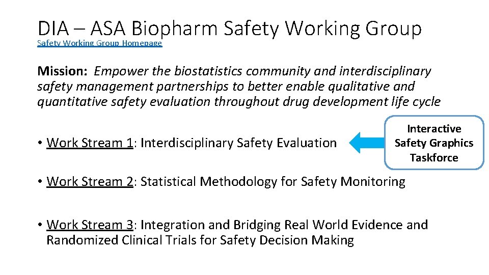 DIA – ASA Biopharm Safety Working Group Homepage Mission: Empower the biostatistics community and