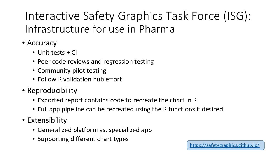Interactive Safety Graphics Task Force (ISG): Infrastructure for use in Pharma • Accuracy •
