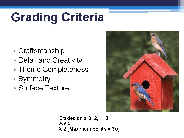 Grading Criteria • • • Craftsmanship Detail and Creativity Theme Completeness Symmetry Surface Texture