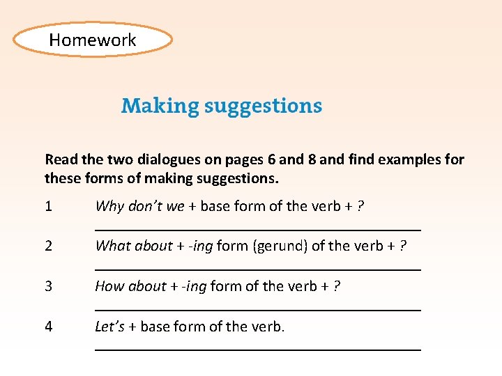 Homework Read the two dialogues on pages 6 and 8 and find examples for