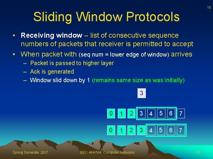 15 Sliding Window Protocols • Receiving window – list of consecutive sequence numbers of