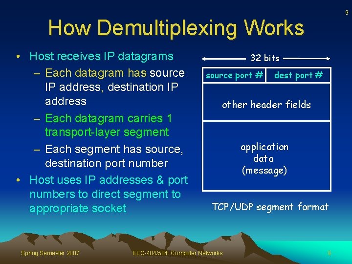 9 How Demultiplexing Works • Host receives IP datagrams – Each datagram has source