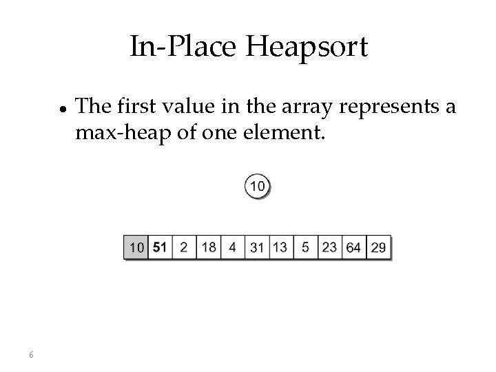 In-Place Heapsort 6 The first value in the array represents a max-heap of one