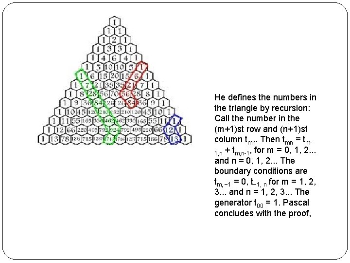 He defines the numbers in the triangle by recursion: Call the number in the