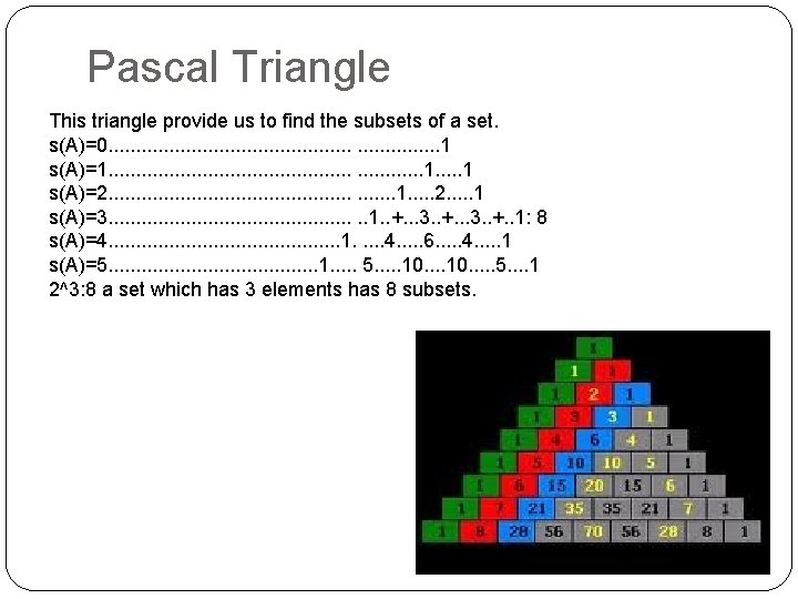 Pascal Triangle This triangle provide us to find the subsets of a set. s(A)=0.