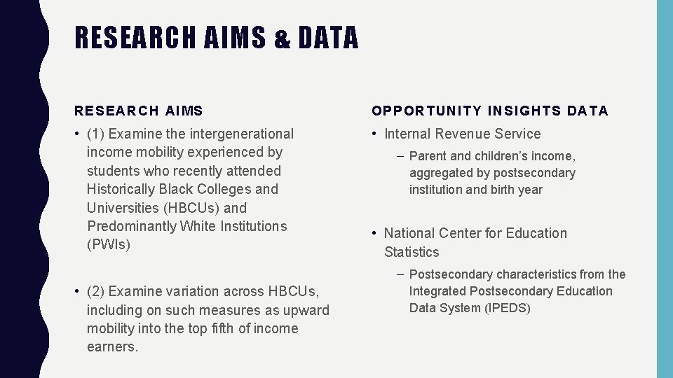 RESEARCH AIMS & DATA RESEARCH AIMS OPPORTUNITY INSIGHTS DATA • (1) Examine the intergenerational