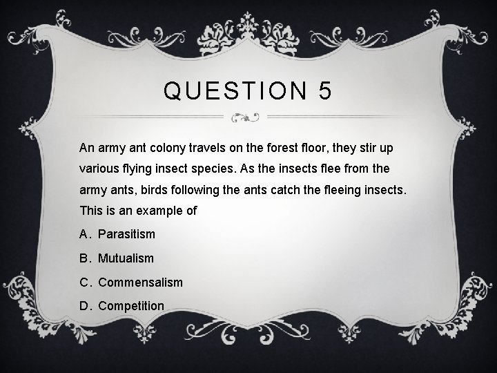 QUESTION 5 An army ant colony travels on the forest floor, they stir up