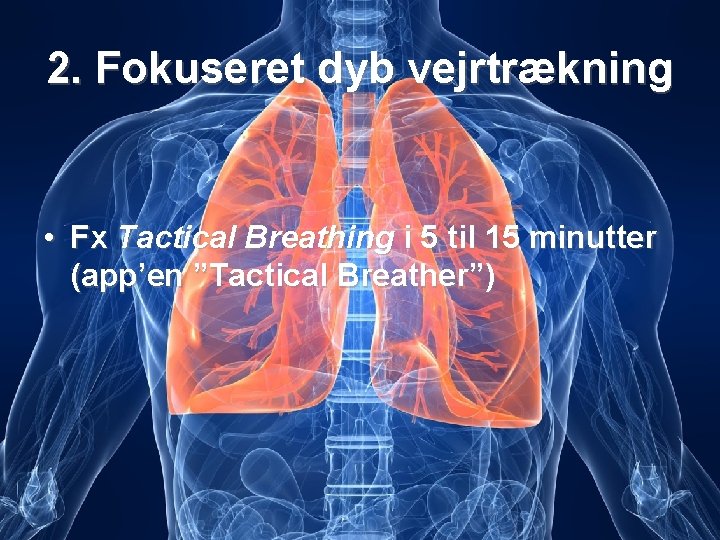 2. Fokuseret dyb vejrtrækning • Fx Tactical Breathing i 5 til 15 minutter (app’en