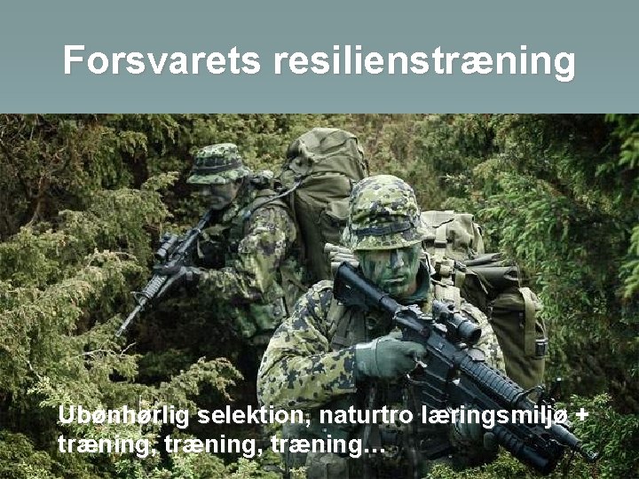 Forsvarets resilienstræning Ubønhørlig selektion, naturtro læringsmiljø + træning, træning… 