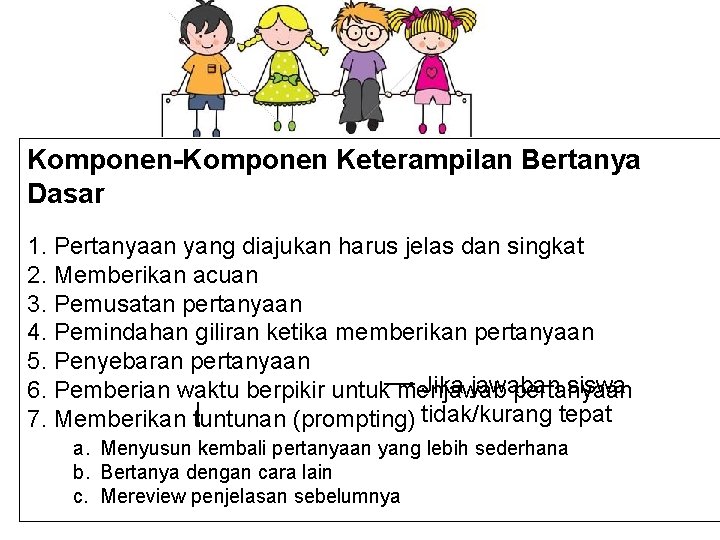 Komponen-Komponen Keterampilan Bertanya Dasar 1. Pertanyaan yang diajukan harus jelas dan singkat 2. Memberikan