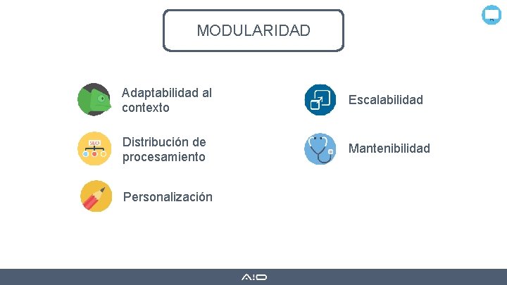 MODULARIDAD Adaptabilidad al contexto Escalabilidad Distribución de procesamiento Mantenibilidad Personalización 