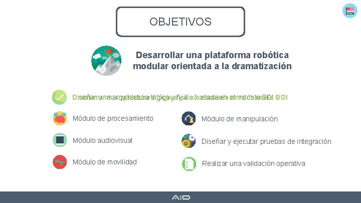 OBJETIVOS Desarrollar una plataforma robótica modular orientada a la dramatización Diseñar unaarquitectura lógica y