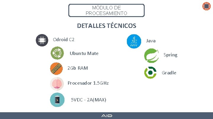 MÓDULO DE PROCESAMIENTO DETALLES TÉCNICOS Odroid C 2 Ubuntu Mate 2 Gb RAM Procesador