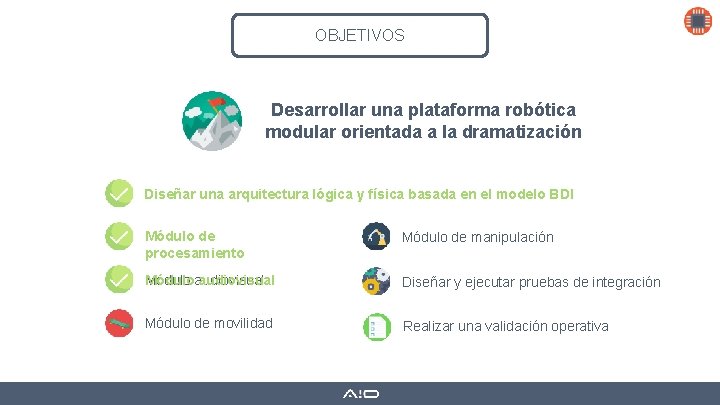 OBJETIVOS Desarrollar una plataforma robótica modular orientada a la dramatización Diseñar una arquitectura lógica