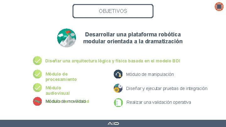 OBJETIVOS Desarrollar una plataforma robótica modular orientada a la dramatización Diseñar una arquitectura lógica