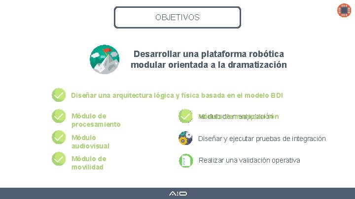 OBJETIVOS Desarrollar una plataforma robótica modular orientada a la dramatización Diseñar una arquitectura lógica