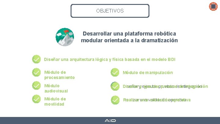 OBJETIVOS Desarrollar una plataforma robótica modular orientada a la dramatización Diseñar una arquitectura lógica