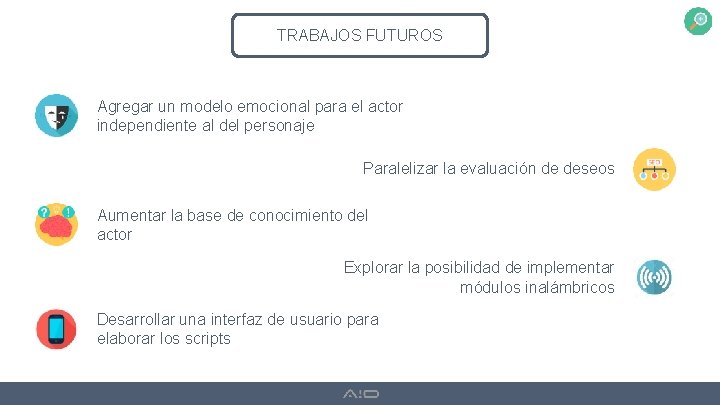 TRABAJOS FUTUROS Agregar un modelo emocional para el actor independiente al del personaje Paralelizar