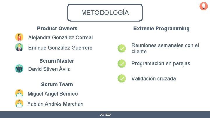 METODOLOGÍA Product Owners Extreme Programming Alejandra González Correal Enrique González Guerrero Scrum Master David