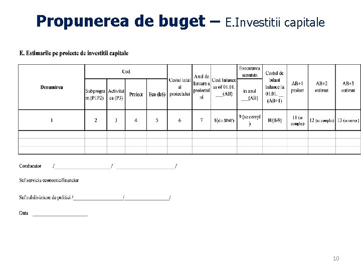 Propunerea de buget – E. Investitii capitale 10 