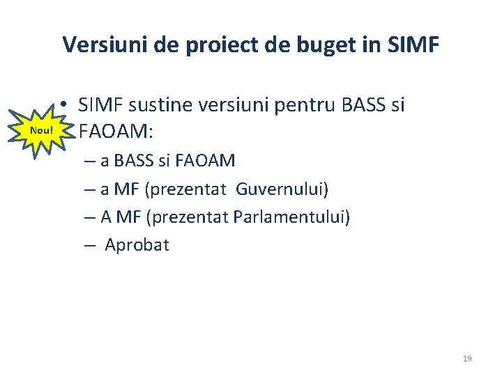 Versiuni de proiect de buget in SIMF • SIMF sustine versiuni pentru BASS si