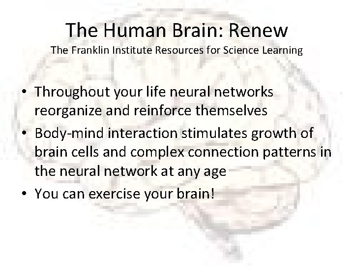 The Human Brain: Renew The Franklin Institute Resources for Science Learning • Throughout your