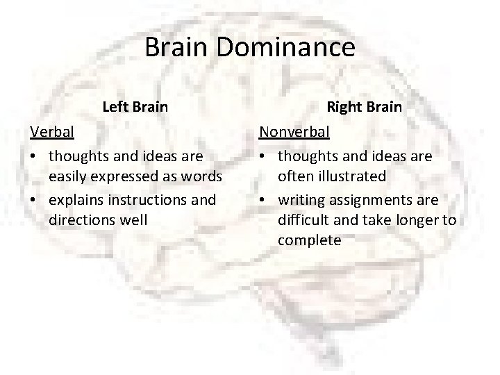 Brain Dominance Left Brain Verbal • thoughts and ideas are easily expressed as words