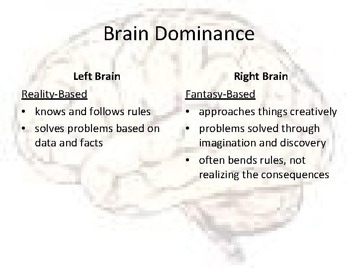 Brain Dominance Left Brain Reality-Based • knows and follows rules • solves problems based