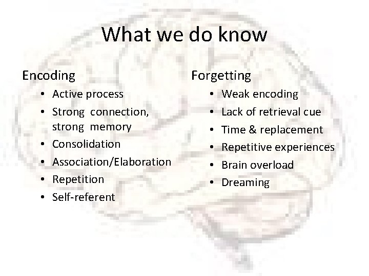 What we do know Encoding • Active process • Strong connection, strong memory •