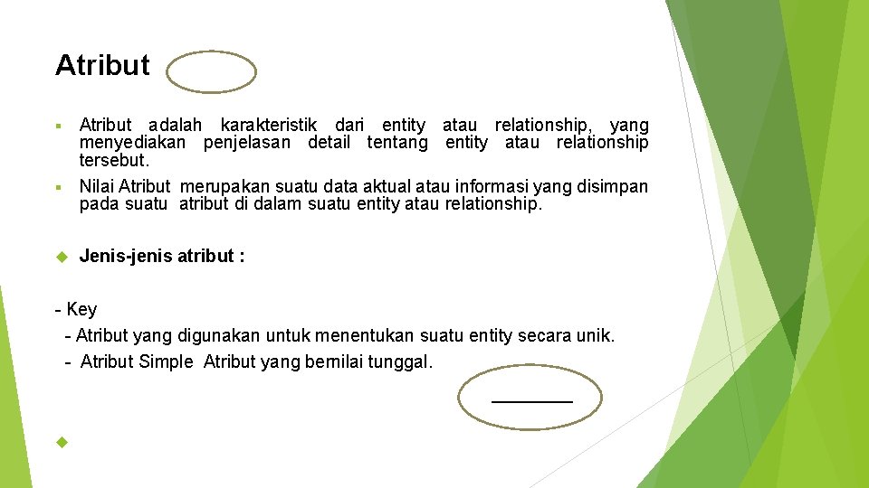 Atribut adalah karakteristik dari entity atau relationship, yang menyediakan penjelasan detail tentang entity atau