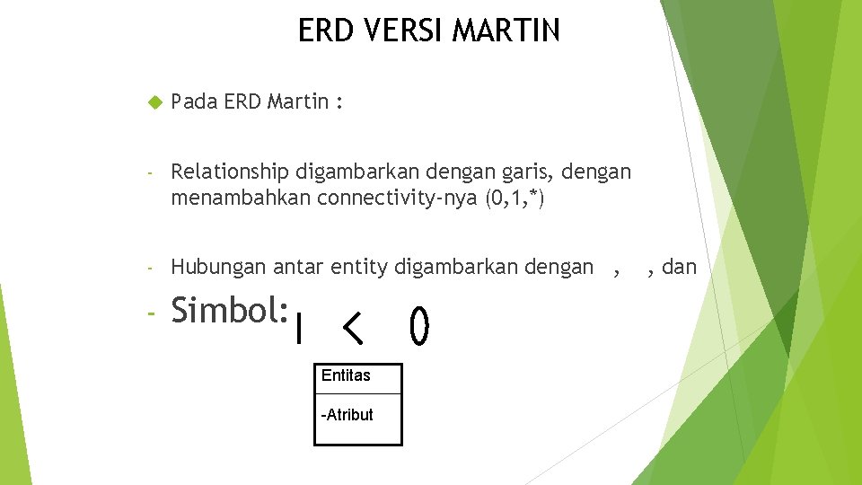 ERD VERSI MARTIN Pada ERD Martin : - Relationship digambarkan dengan garis, dengan menambahkan