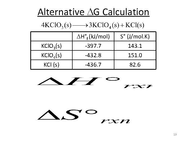 Alternative G Calculation KCl. O 3(s) KCl. O 4(s) KCl (s) H°f (k. J/mol)