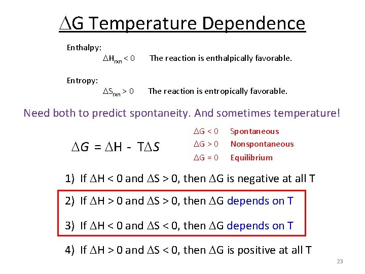  G Temperature Dependence Enthalpy: Entropy: Hrxn < 0 The reaction is enthalpically favorable.
