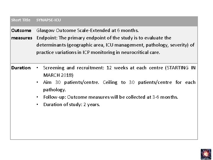 Short Title SYNAPSE-ICU Outcome Glasgow Outcome Scale-Extended at 6 months. measures Endpoint: The primary