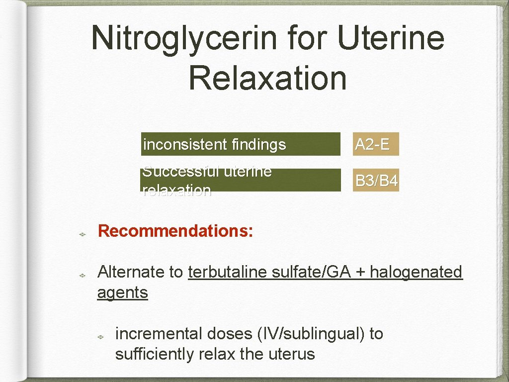 Nitroglycerin for Uterine Relaxation inconsistent findings A 2 -E Successful uterine relaxation B 3/B