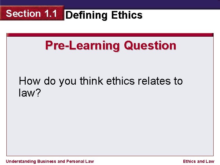 Section 1. 1 Defining Ethics Pre-Learning Question How do you think ethics relates to