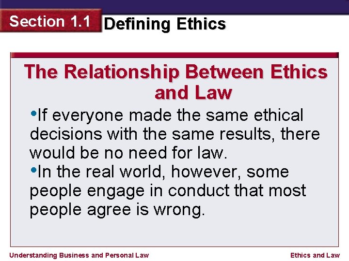 Section 1. 1 Defining Ethics The Relationship Between Ethics and Law • If everyone