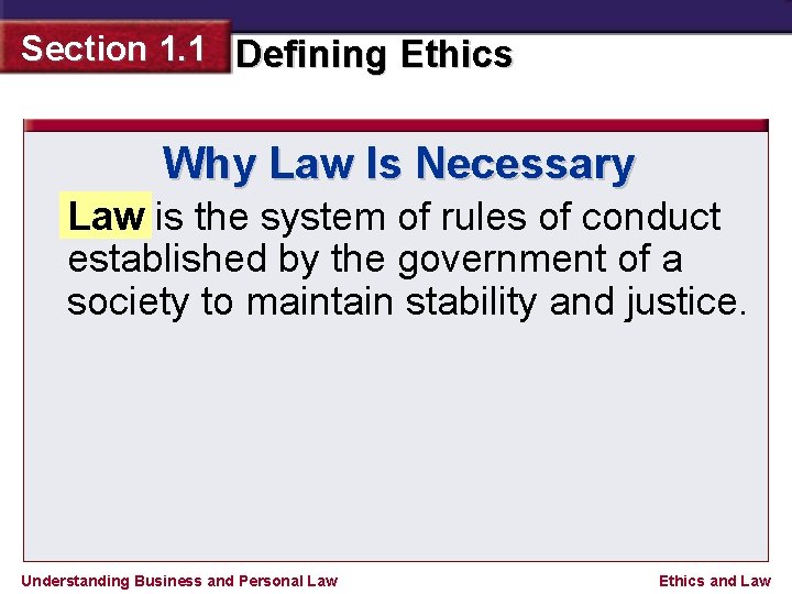 Section 1. 1 Defining Ethics Why Law Is Necessary Law is the system of