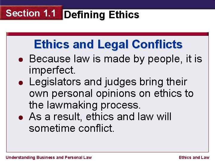 Section 1. 1 Defining Ethics and Legal Conflicts Because law is made by people,