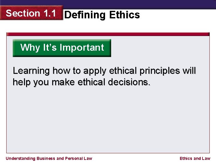 Section 1. 1 Defining Ethics Why It’s Important Learning how to apply ethical principles