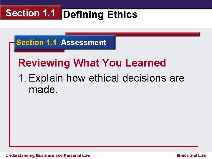 Section 1. 1 Defining Ethics Section 1. 1 Assessment Reviewing What You Learned 1.