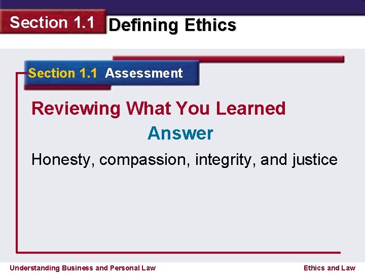 Section 1. 1 Defining Ethics Section 1. 1 Assessment Reviewing What You Learned Answer