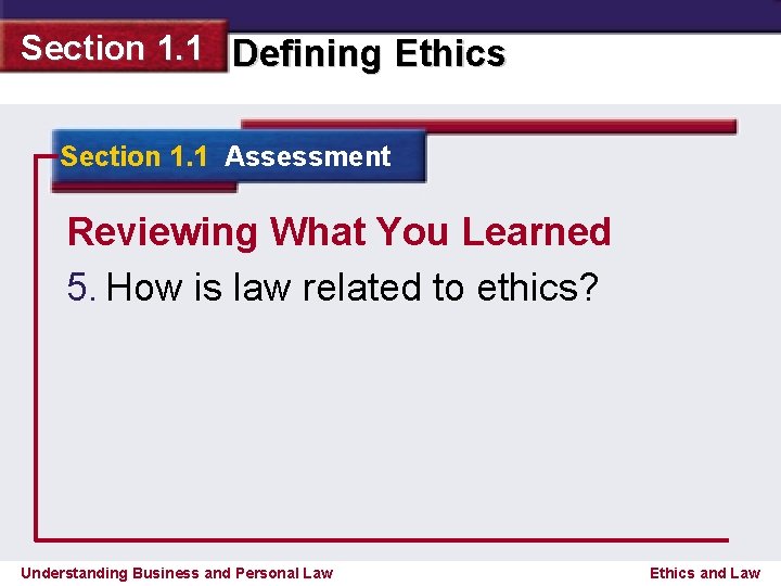 Section 1. 1 Defining Ethics Section 1. 1 Assessment Reviewing What You Learned 5.